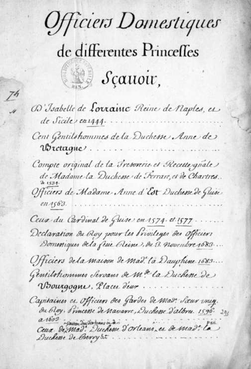 « Officiers Domestiques de differentes Princesses »