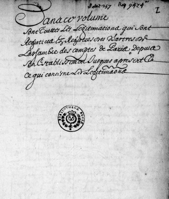 « Dans ce volume sont touttes les legitimations qui sont registrées […] »