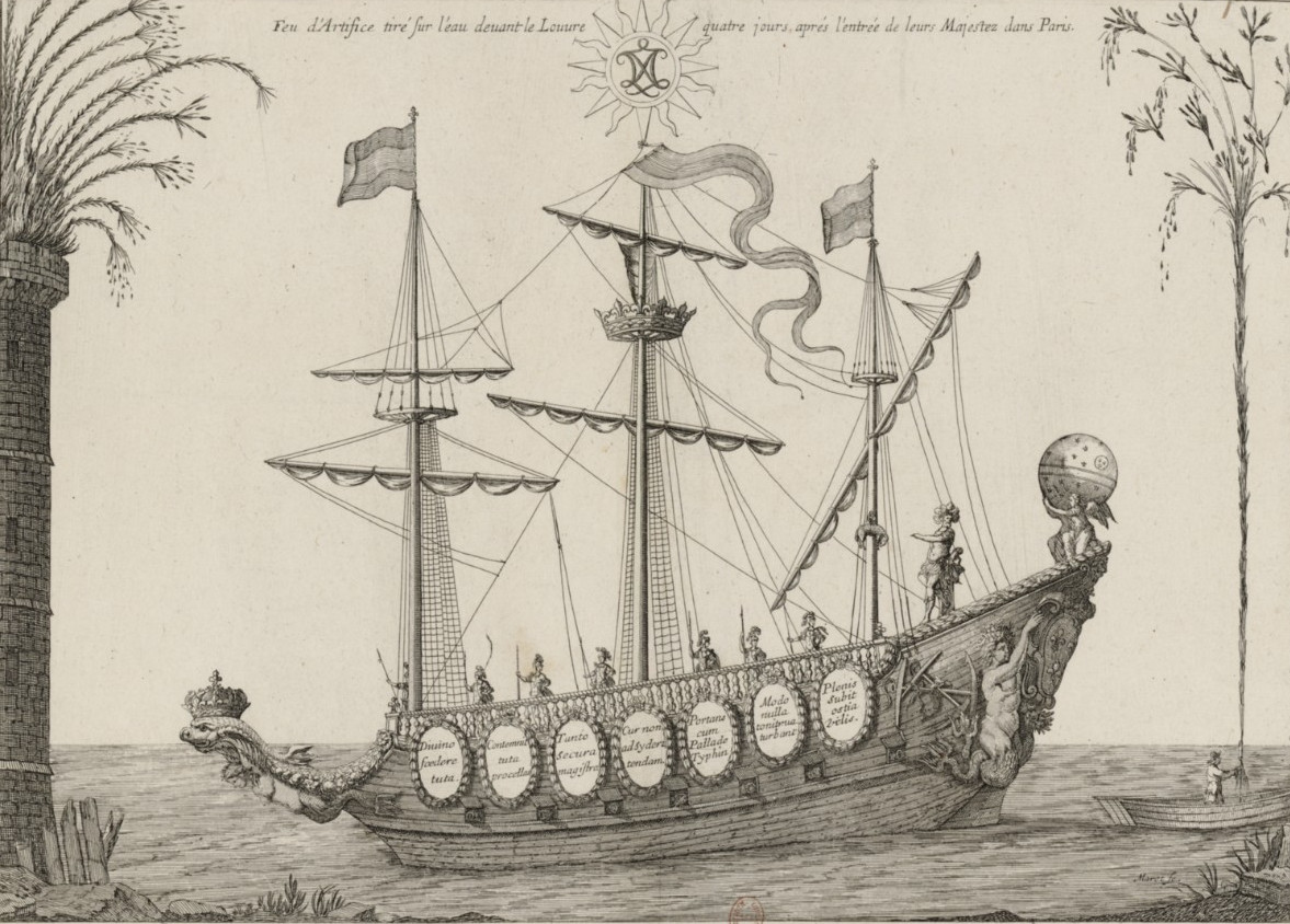 Jean Marot, {Feu d'artifice tiré sur l'eau devant le Louvre quatre jours après l'entrée de leurs Majeste dans Paris}