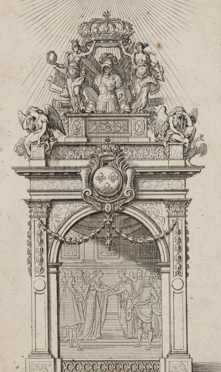 Sébastien Leclerc d'après Charles Le Brun, { Arc de Triomphe au haut duquel se trouve un trophée d'armes surmonté de la couronne royale} (détail)
