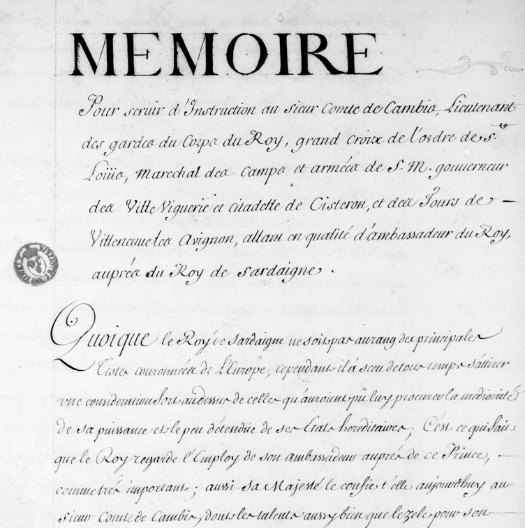 « Memoire pour servir d'instruction au sieur comte de Cambis [...] »