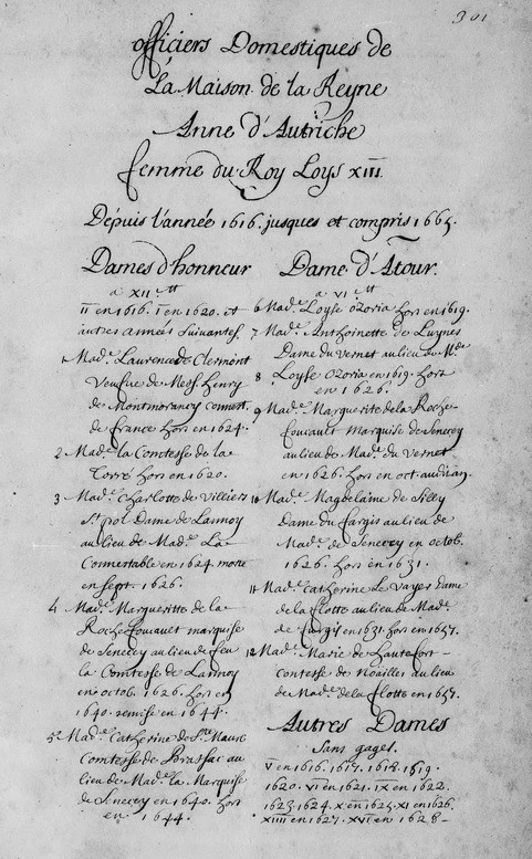 « Officiers Domestiques de la Maison de la Reyne Anne d'Autriche, femme du Roy Loys XIII, depuis l'année 1616 jusques et compris 1665 »