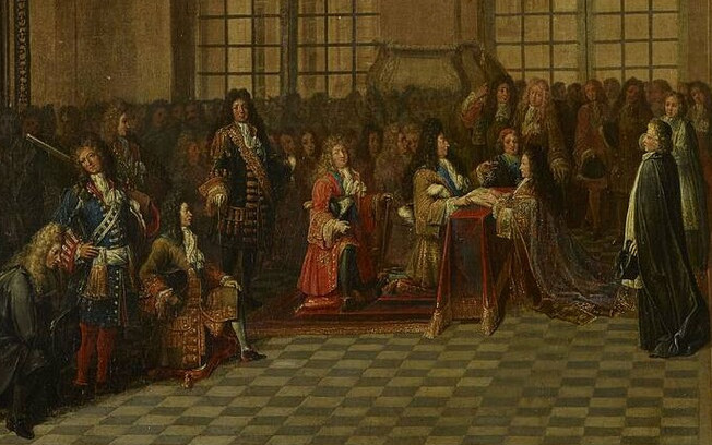 Antoine Pezey, {Louis XIV recevant le serment de Dangeau, grand-maître des ordres réunis du Mont-Carmel et de Saint-Lazare, 18 décembre 1695} (détail)
